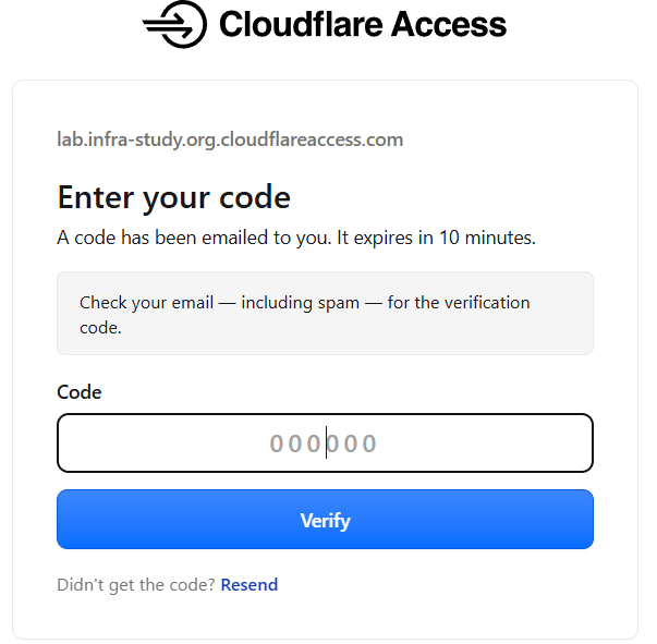Cloudflare Access のコード入力画面。6桁のコード入力欄と Verify ボタンが表示されている。