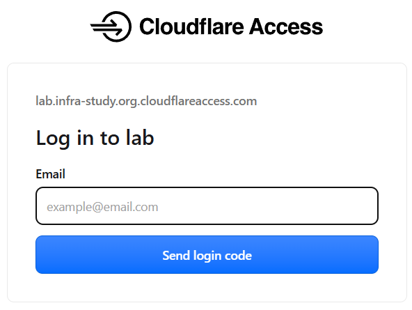 Cloudflare Access のログイン画面。メールアドレス入力欄と Send login code ボタンが表示されている。
