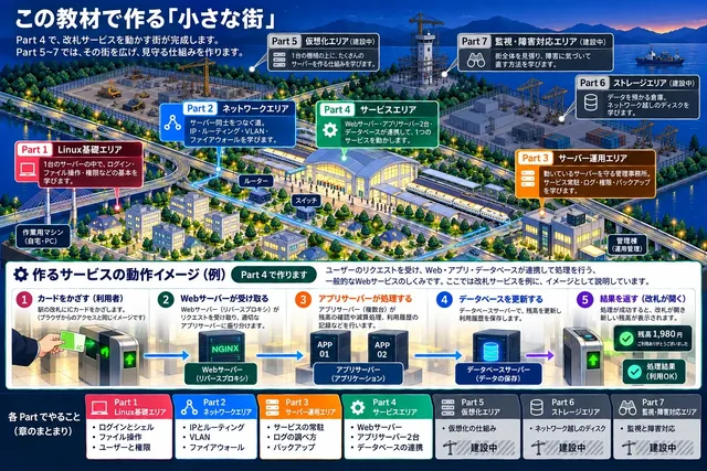 この教材で作る「小さな街」の全体図。Part 1〜4 のエリアは完成、Part 5〜7 は建設中。